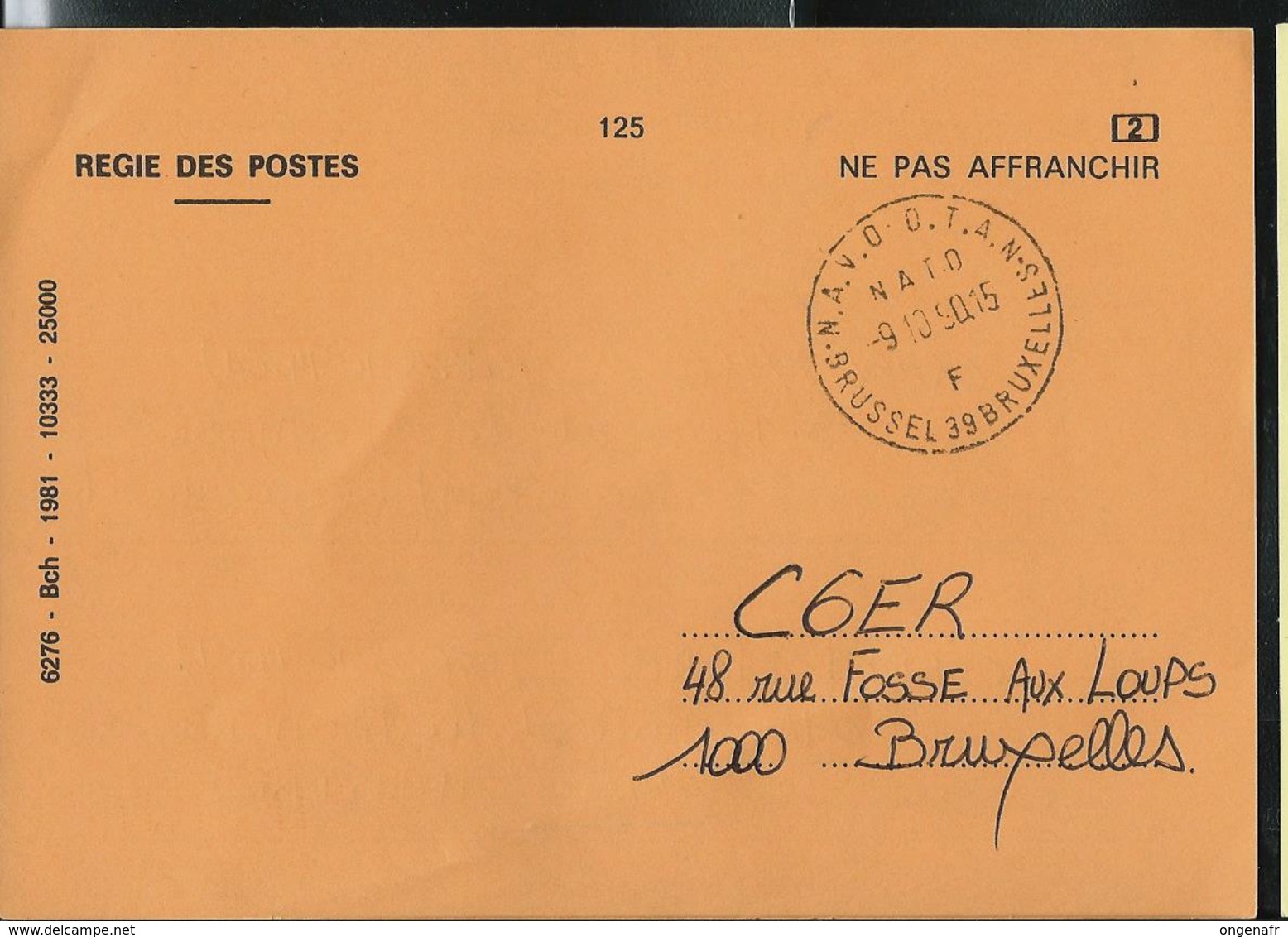 Doc. De  BRUSSEL  39  BRUXELLES  N.A.V.O.   O.T.A.N.    F   Le 09/10/90  Sur Carte Modèle 125 - Posta Rurale