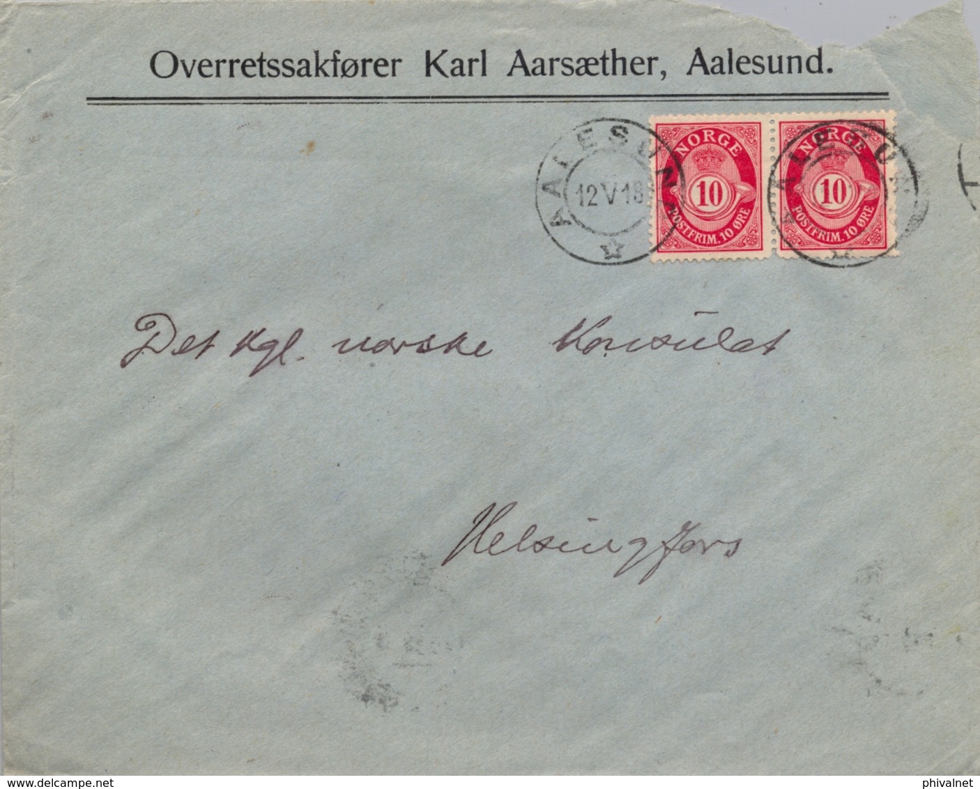 1918 , NORUEGA , SOBRE COMERCIAL CIRCULADO , AALESUND - HELSINGFORS, LLEGADA AL DORSO - Cartas & Documentos