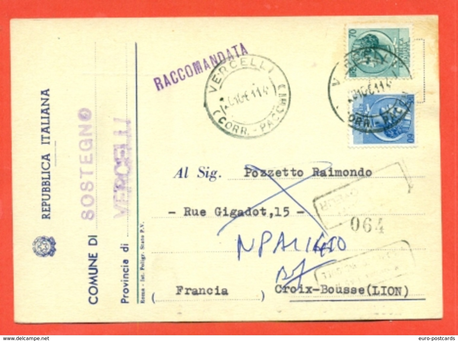 STORIA POSTALE PER L'ESTERO-CARTOLINA ELETTORALE-RACCOMANDATA DA SOSTEGNO PER LA FRANCIA-SIRACUSANA - 1961-70: Storia Postale