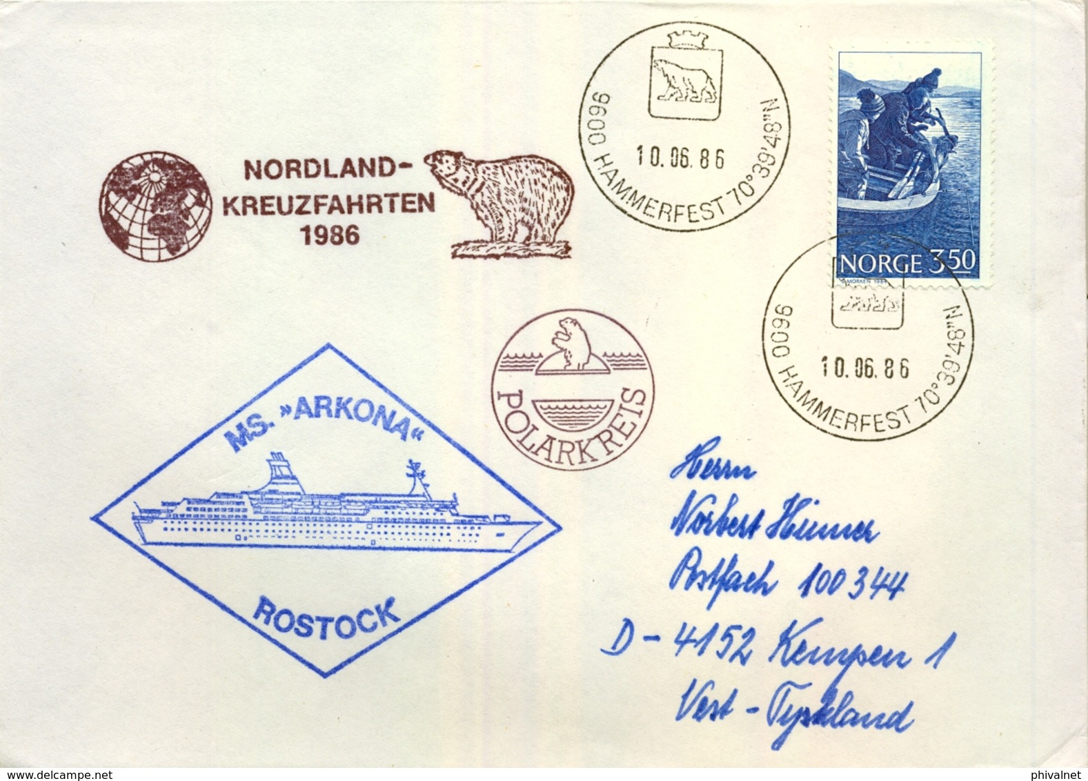 1986 NORUEGA , SOBRE CIRCULADO , TEMÁTICA POLAR , HAMMERFEST - TYSKLAND - Cartas & Documentos