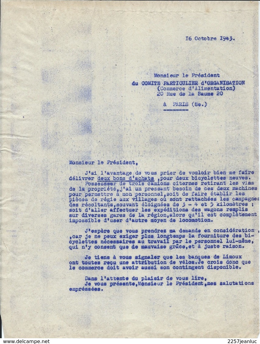 Paris 16 Octobre 1943 - Lettre Au Comité Particulier D'Organisation Du Commerce D'Alimentation  Pendant La Guerre - Documents Historiques