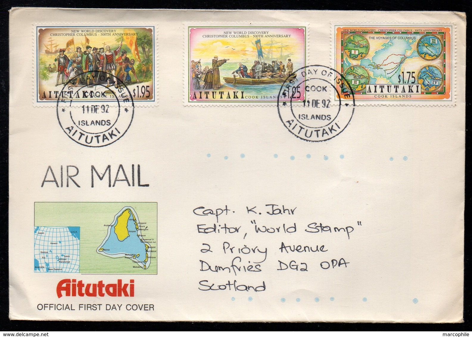 AITUTAKI - COOK ISLANDS - COLOMBUS / 11-12-1992 LETTRE FDC PAR AVION POUR L' ECOSSE (ref 7968) - Aitutaki