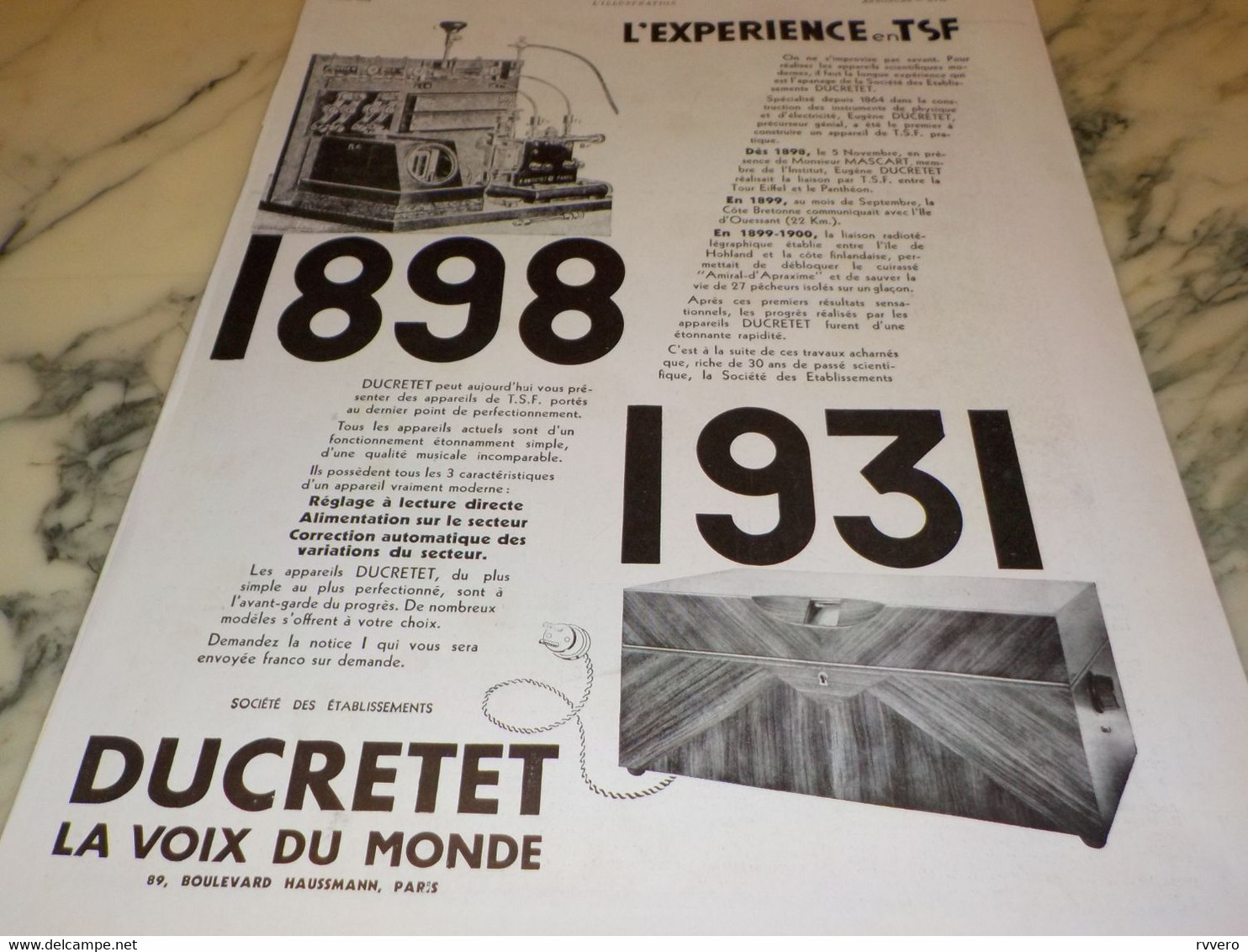 ANCIENNE PUBLICITE  TSF LA VOIX DU MONDE DUCRETET   1931 - Affiches