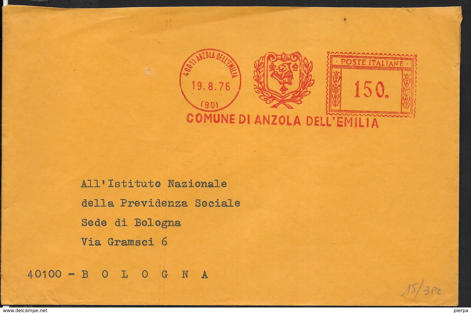 STORIA POSTALE REPUBBLICA - AFFRANCATURA MECCANICA ROSSA COMUNE ANZOLA EMILIA (BO)  19.08.1976 CON STEMMA - Macchine Per Obliterare (EMA)