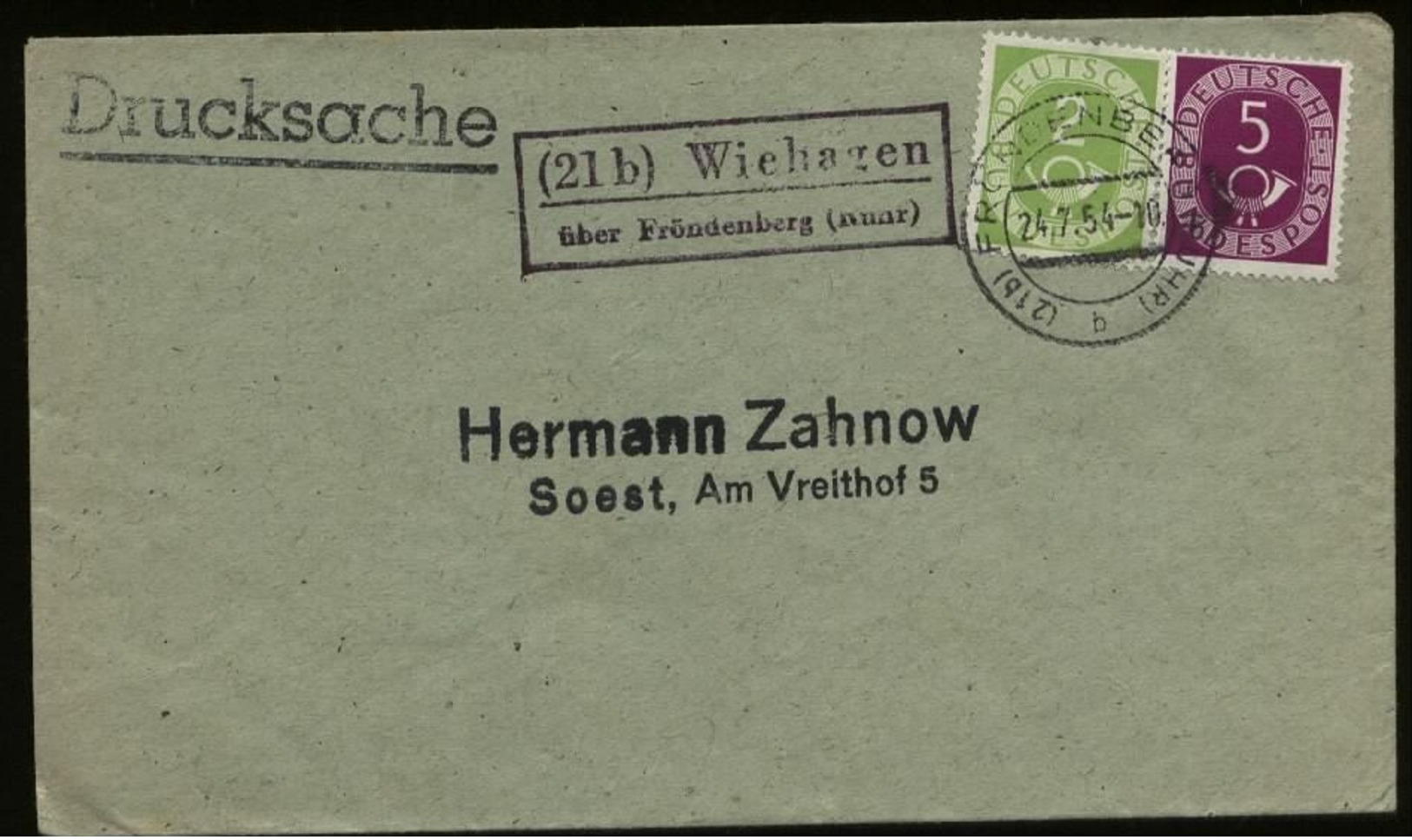 S6725 - BRD Posthorn MiF Auf Briefumschlag Mit Landpoststempel:gebraucht Wiehagen über Fröndenberg Ruhr - Soest 1954 , - Briefe U. Dokumente