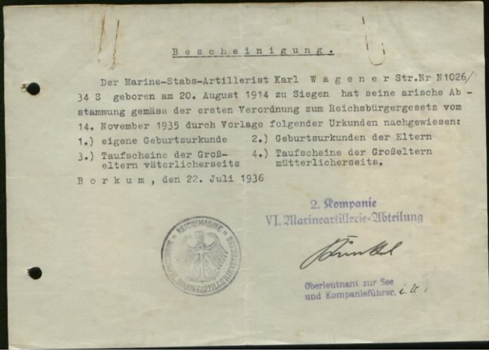 WW II Arier Nachweis , Bescheinigung: Gebraucht Marine Borkum 1936, Bedarfserhaltung , Gefaltet. - Lettres & Documents