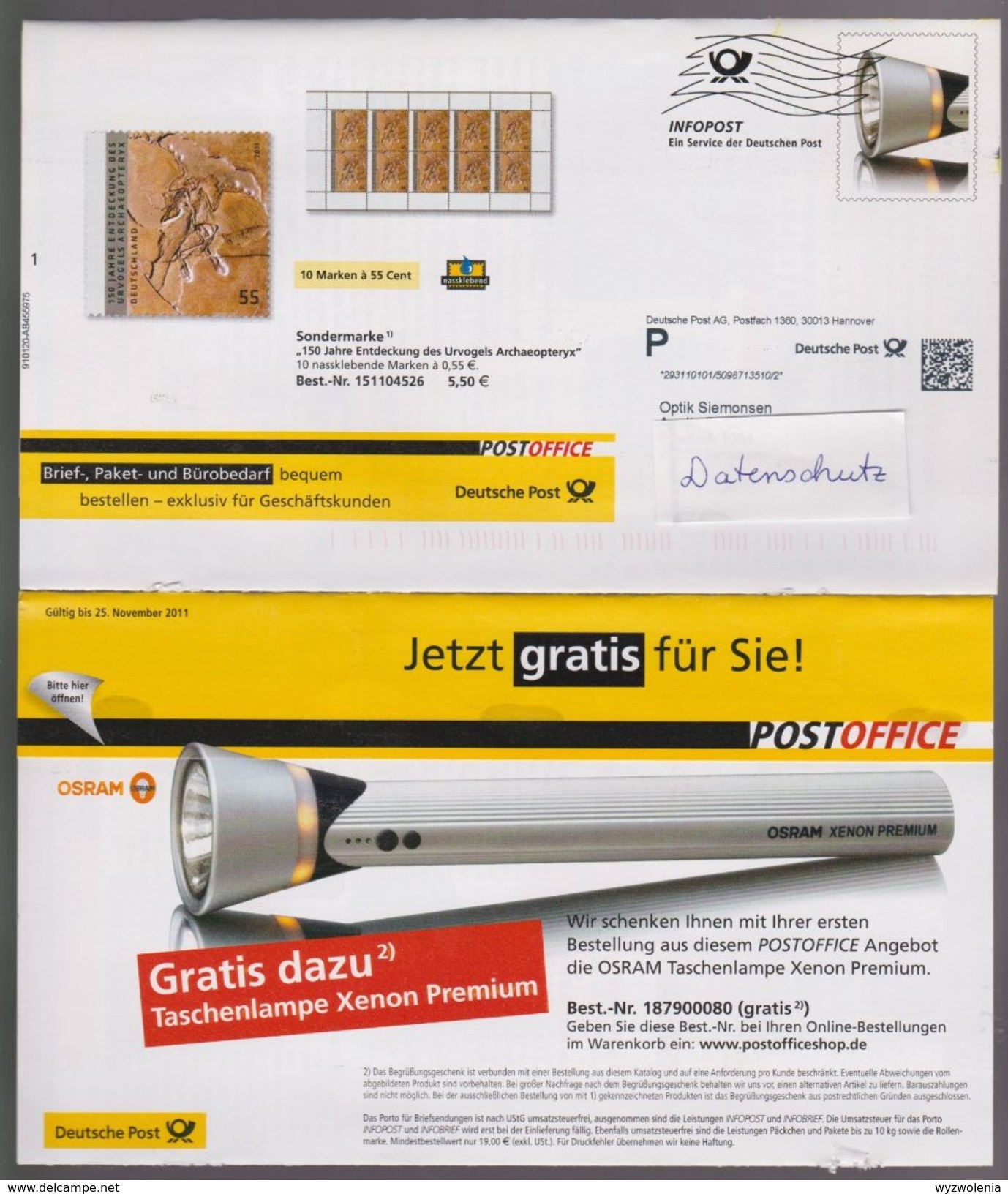 P 241) BRD Ganzsache 2011 Dt Post Office 1 Infopost WSt: Taschenlampe Lampe; Abbildung: Urvogel Archaeopteryx - Buste - Usati