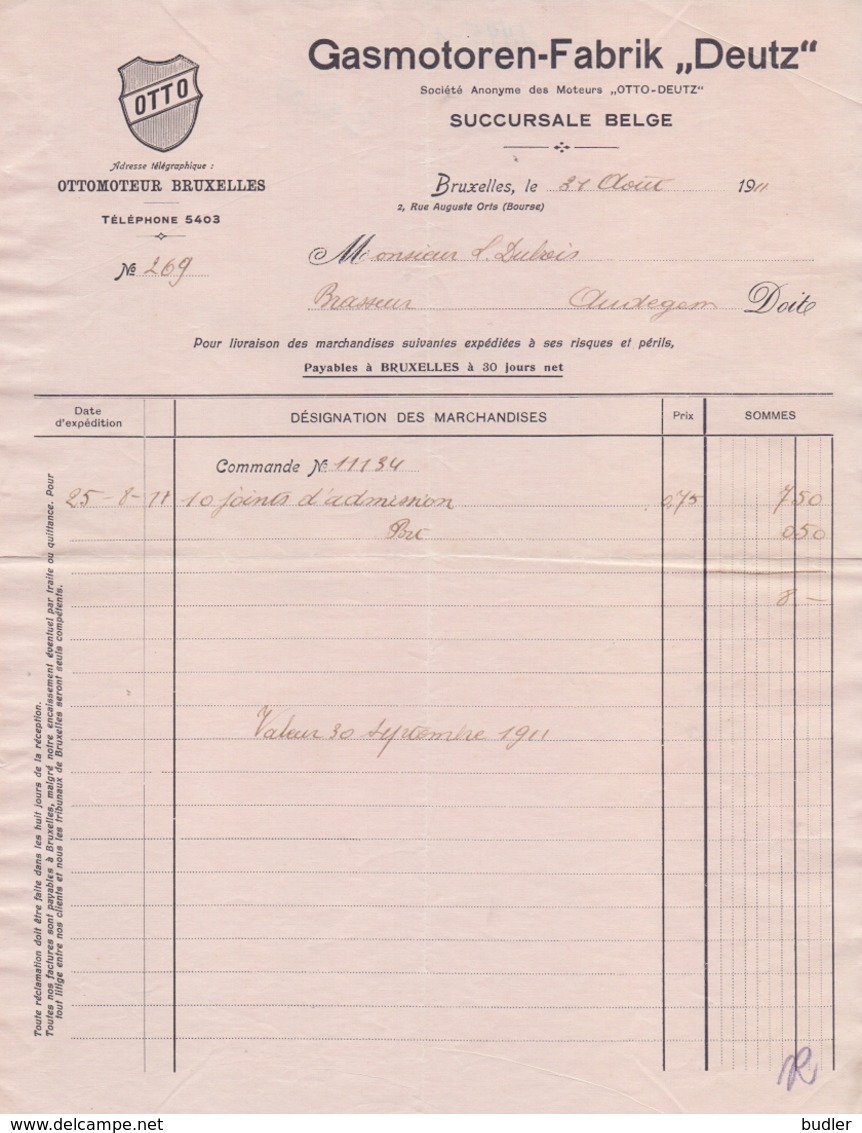 1911: Facture De ## Gasmotoren-Fabrik « DEUTZ » - S.A. Des Moteurs « OTTO-DEUTZ »,  Rue Auguste Orts, 2, BXL ## à ## ... - Automobilismo
