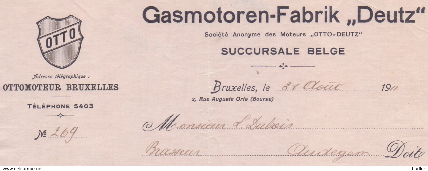 1911: Facture De ## Gasmotoren-Fabrik « DEUTZ » - S.A. Des Moteurs « OTTO-DEUTZ »,  Rue Auguste Orts, 2, BXL ## à ## ... - Automobilismo