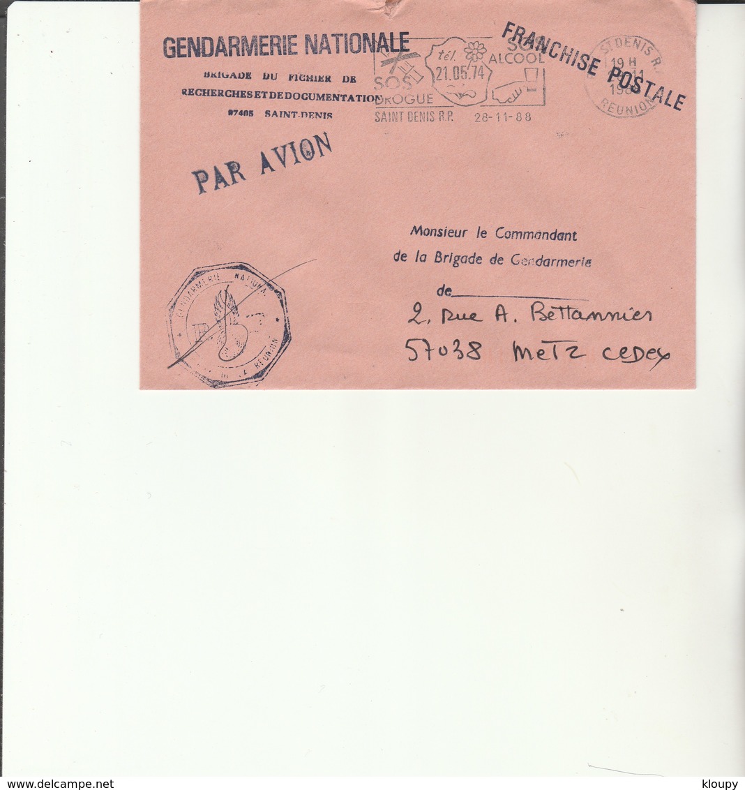 L3 - Enveloppe Gendarmerie  ST DENIS (Réunion) - Drogue Alcool - Cachets Militaires A Partir De 1900 (hors Guerres)