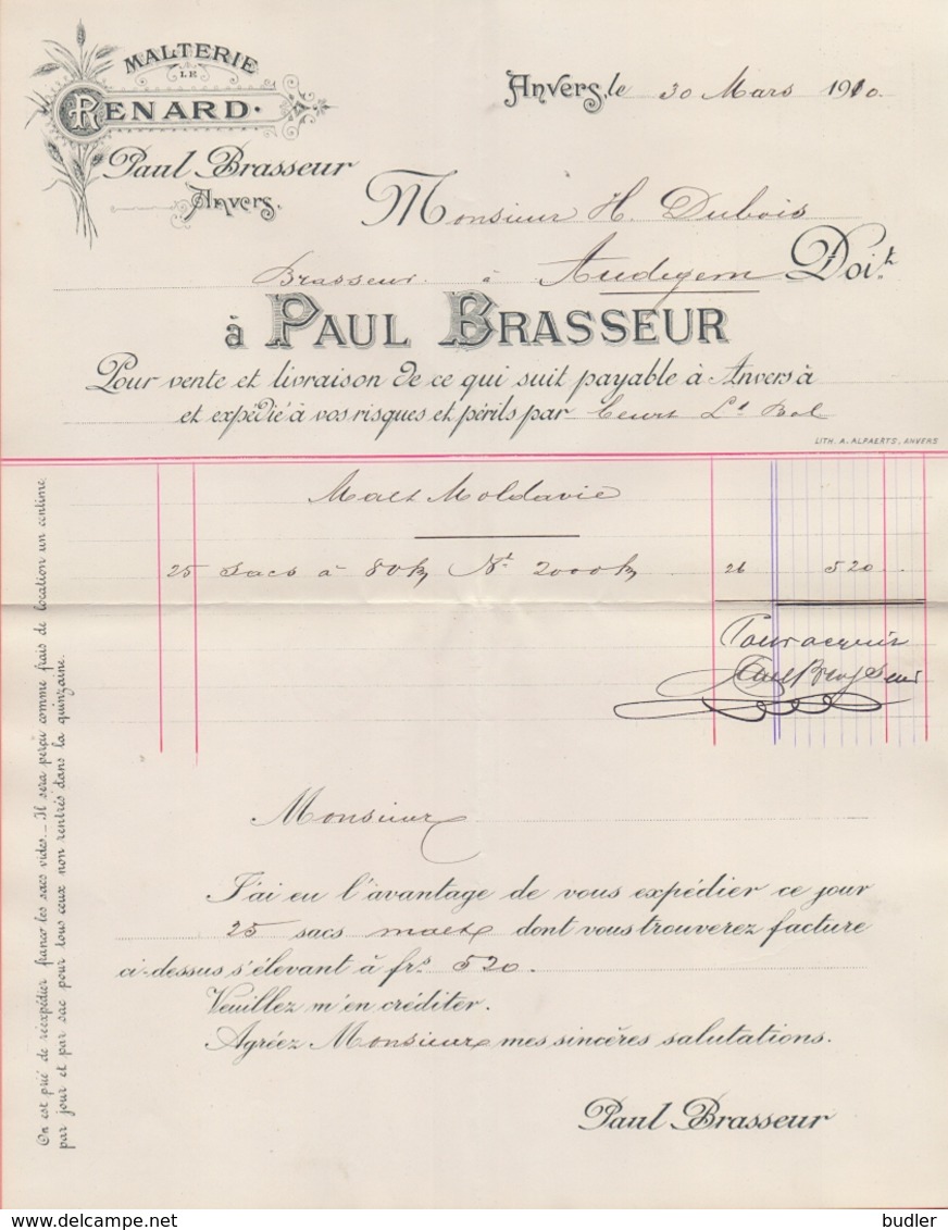 1910: Facture De ## PAUL BRASSEUR, ANVERS ## à ## Mr. DUBOIS, Brasseur, AUDEGEM ## - Levensmiddelen