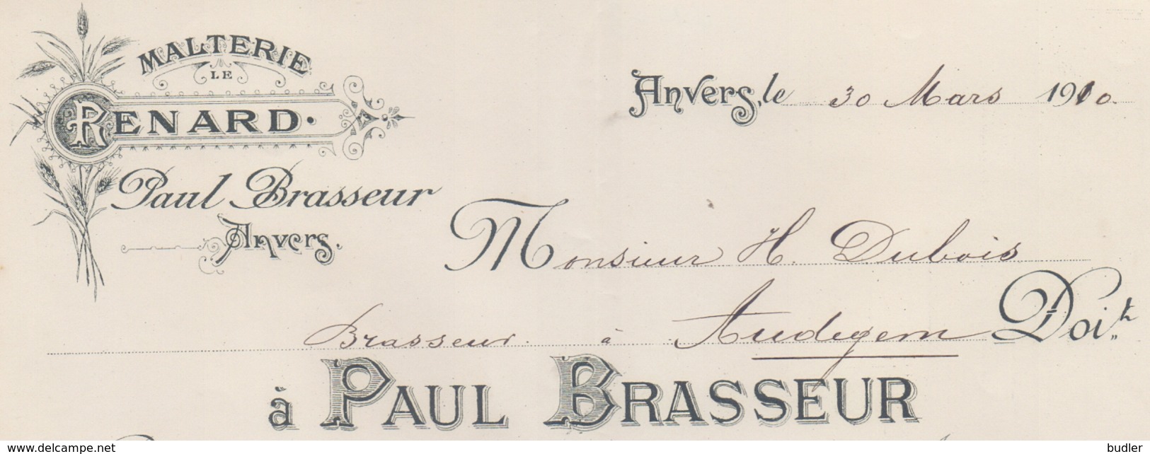 1910: Facture De ## PAUL BRASSEUR, ANVERS ## à ## Mr. DUBOIS, Brasseur, AUDEGEM ## - Levensmiddelen