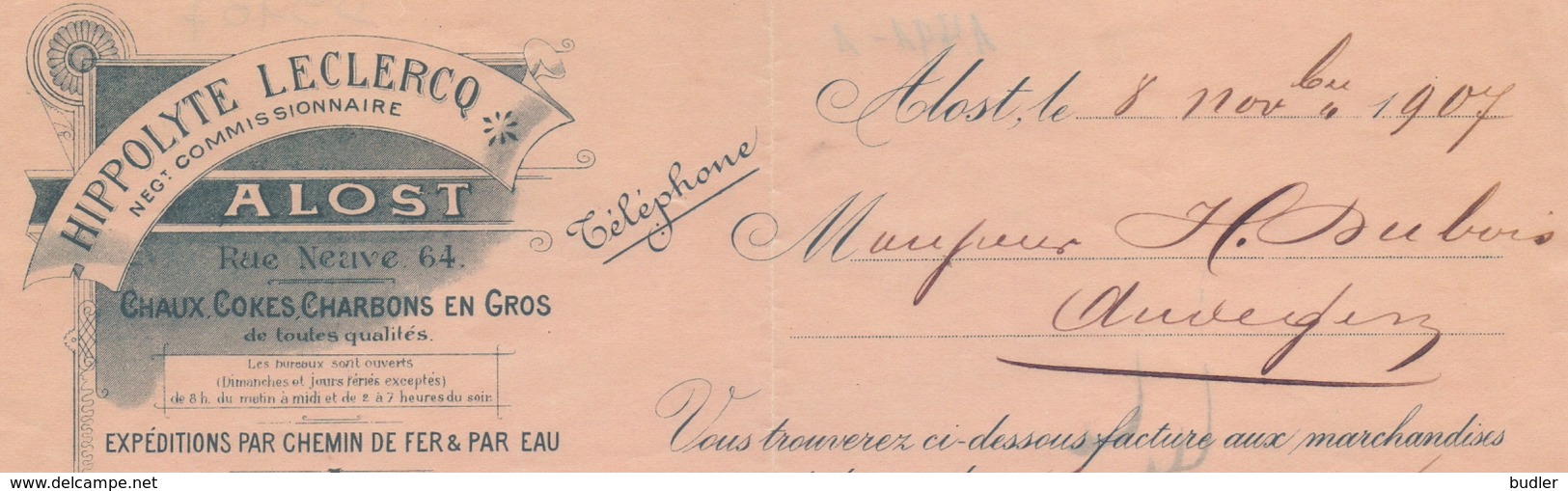 1907: Facture De ## HIPPOLYTE LECLERCQ, Rue Neuve, 64, ALOST ##  à ## Mr. H. DUBOIS, AUDEGEM ## - Alimentaire