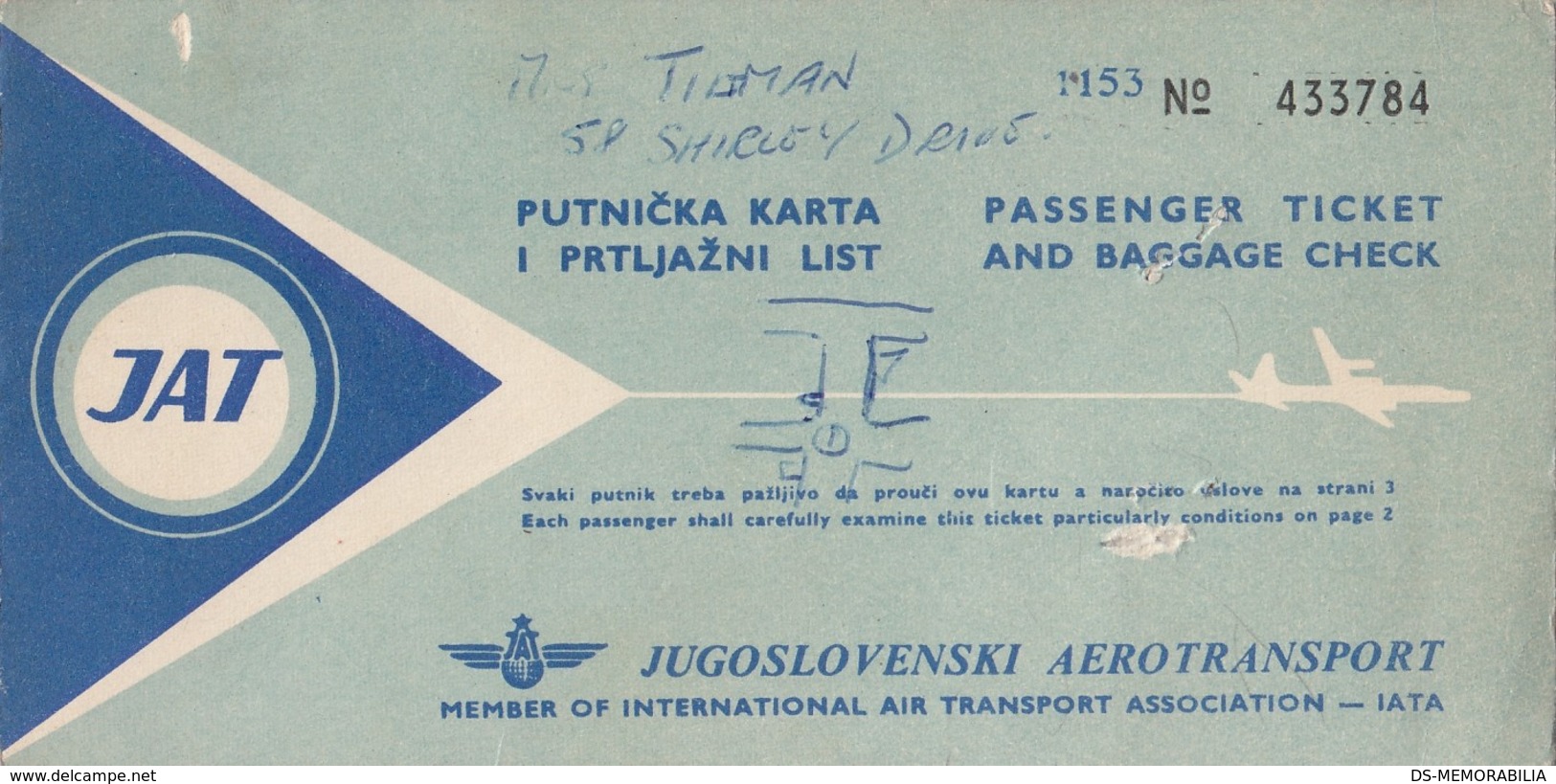 JAT YUGOSLAV AIRLINES PASSENGER TICKET AND BAGGAGE CHECK - Tickets