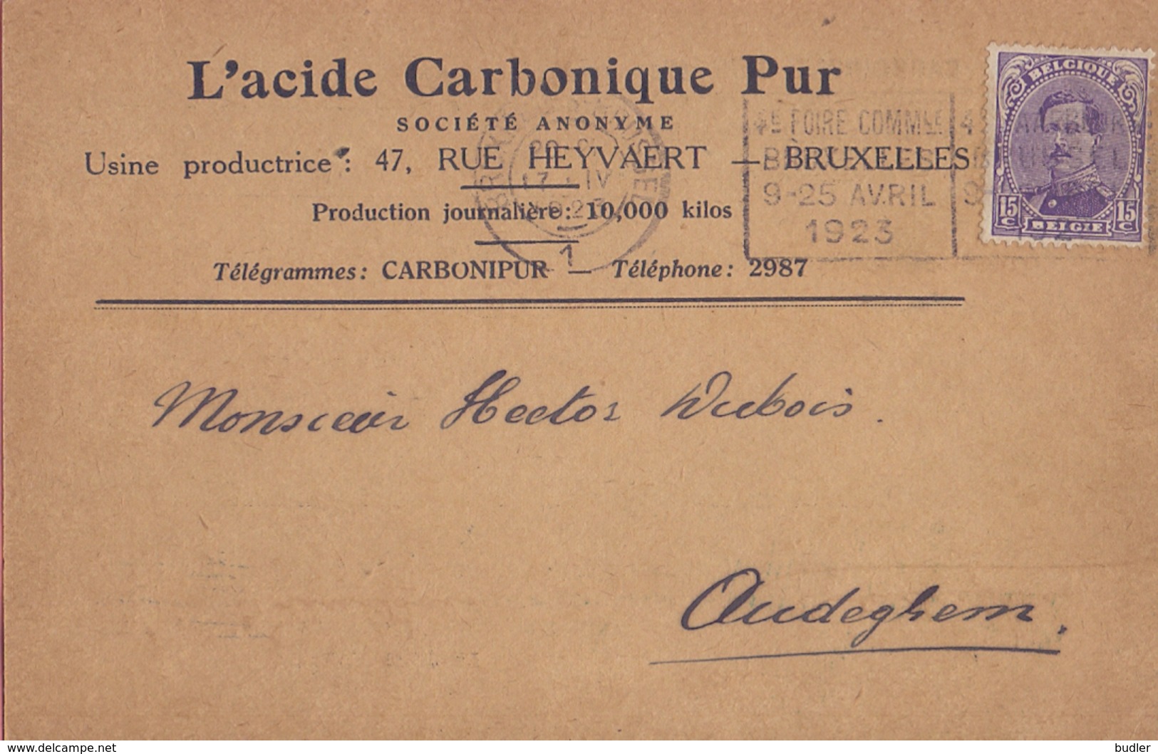 1924: Carte Postale De ## L'ACIDE CARBONIQUE PUR S.A., Rue Heyvaert, 47, BXL. ##  à ## Mr. Hector DUBOIS, Brasseur, ... - Lebensmittel