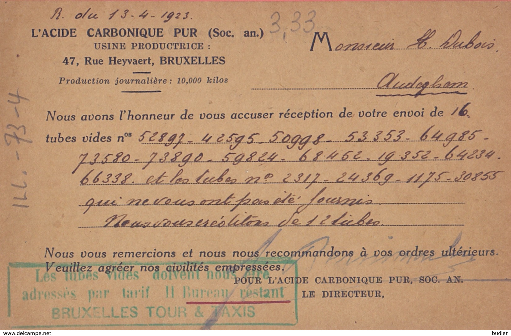 1924: Carte Postale De ## L'ACIDE CARBONIQUE PUR S.A., Rue Heyvaert, 47, BXL. ##  à ## Mr. Hector DUBOIS, Brasseur, ... - Lebensmittel