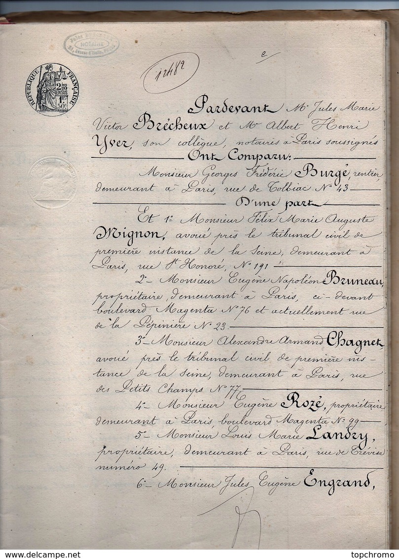 Acte Notarial Notaire Brécheux à Paris Quittance D'ordre Par Créanciers De Mr Sausset à Burgé 56 Pages + Couverture 1900 - Manoscritti