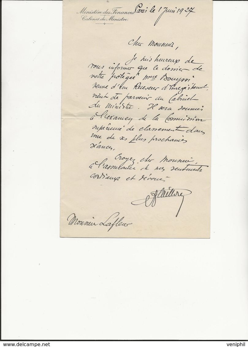 LETTRE MANUSCRITE CABINET DU MINISTRE DES FINANCES 1927- " Demande De Classement D'un Dossier " ANNEE 1927 - Non Classés