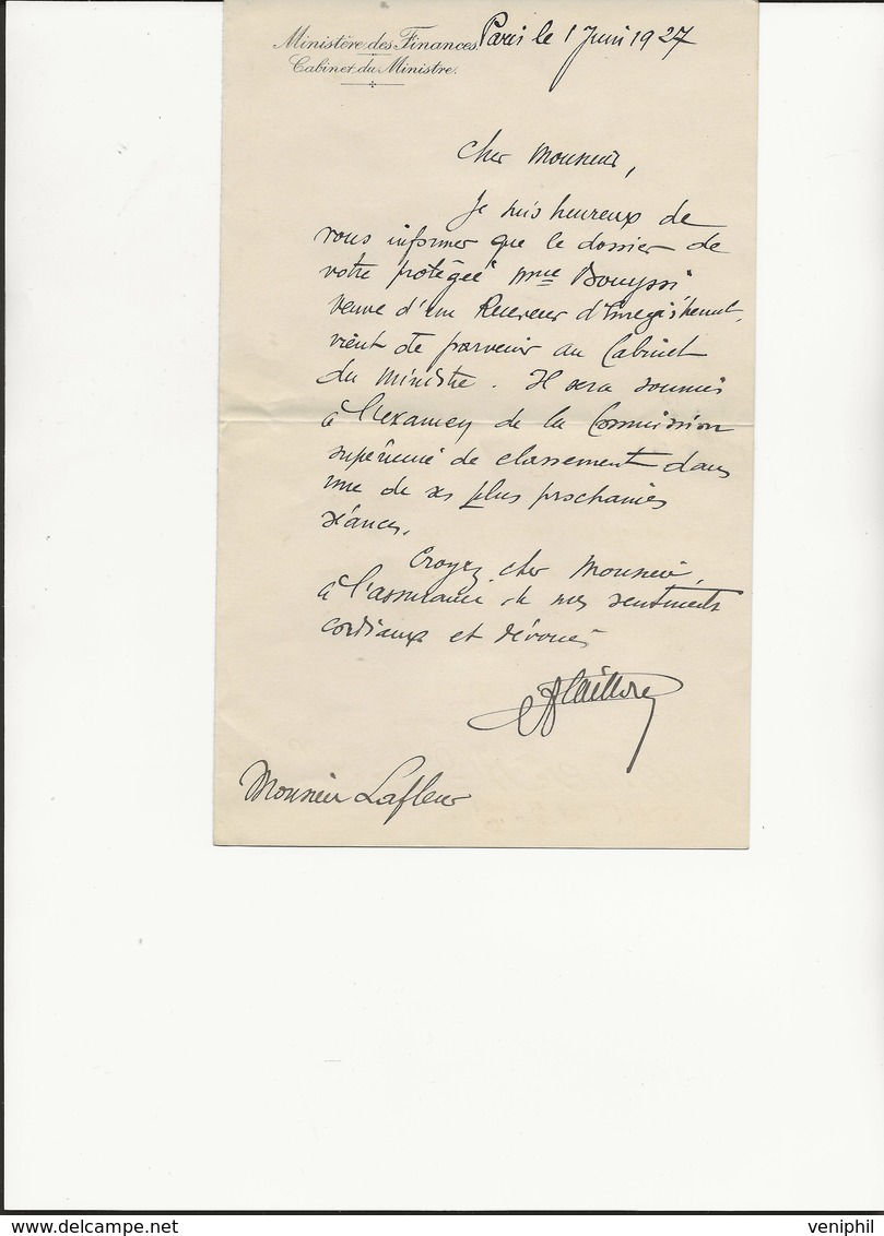 LETTRE MANUSCRITE CABINET DU MINISTRE DES FINANCES 1927- " Demande De Classement D'un Dossier " ANNEE 1927 - Ohne Zuordnung