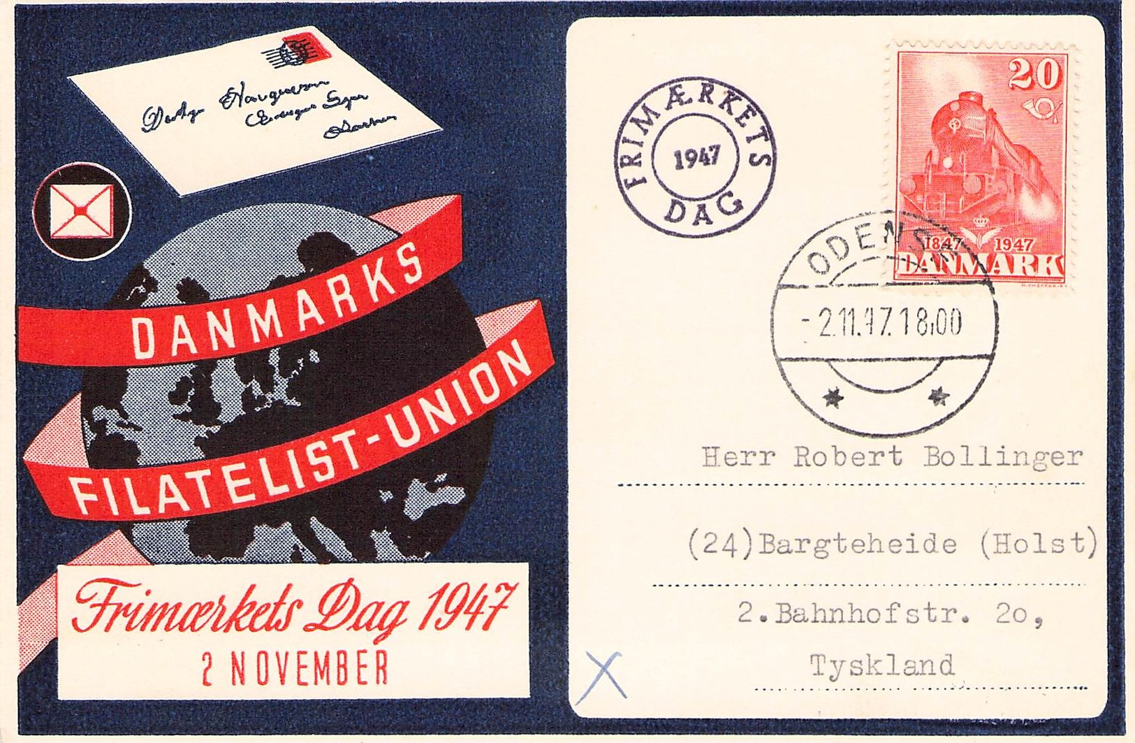 DENMARK - POSTCARD FRIMAERKETS DAG 1947 ODENSE - BARGETHEIDE/GERMANY - Briefe U. Dokumente