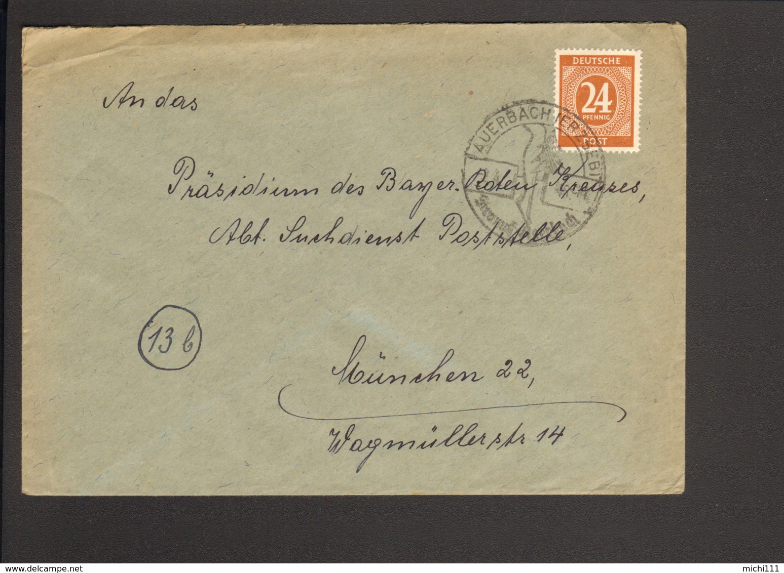 Alli.Bes.24 Pfg.Ziffer Auf Fernbrief V.1946 Aus Auerbach Ortswerbestempel (mit Strumpf) - Other & Unclassified