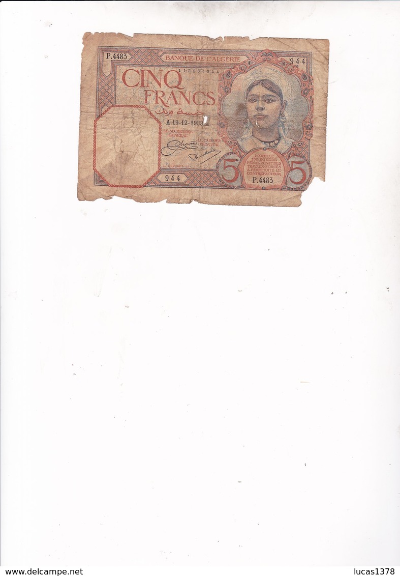 BILLET ALGERIE - 5 Francs 19/121933 / - Algérie