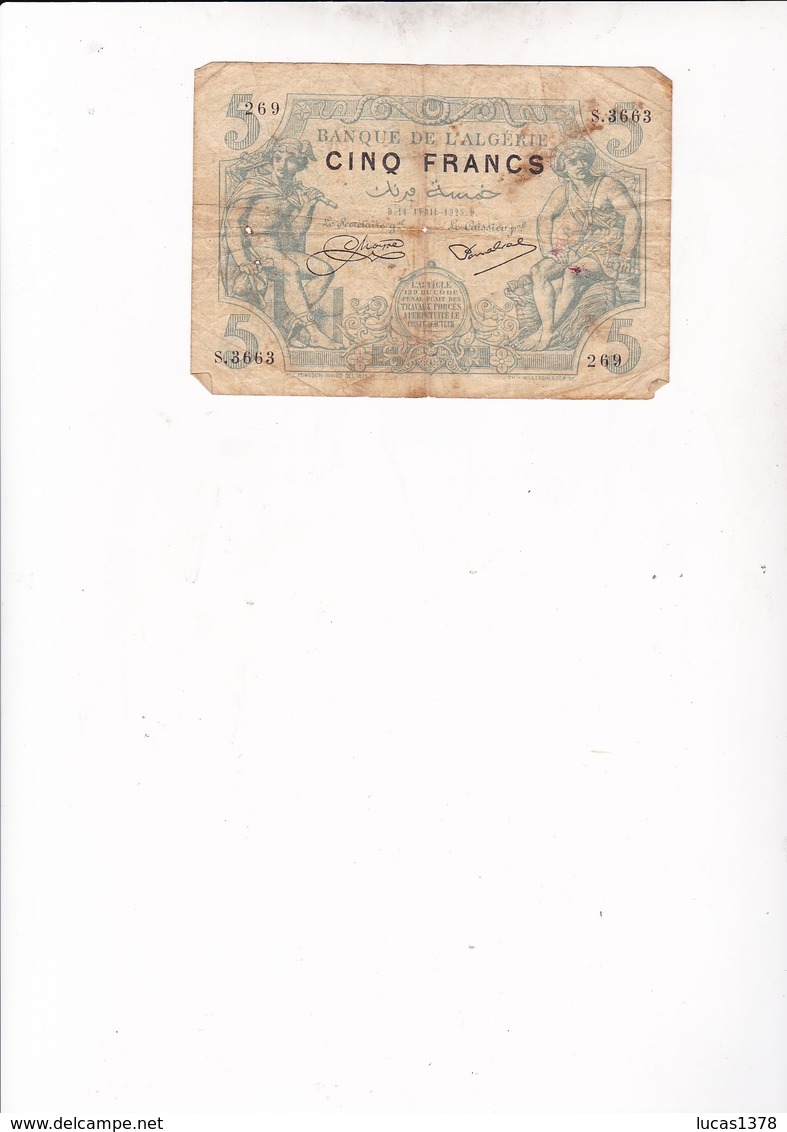 BILLET ALGERIE - 5 Francs 14/04/1925 / RARE - Algérie