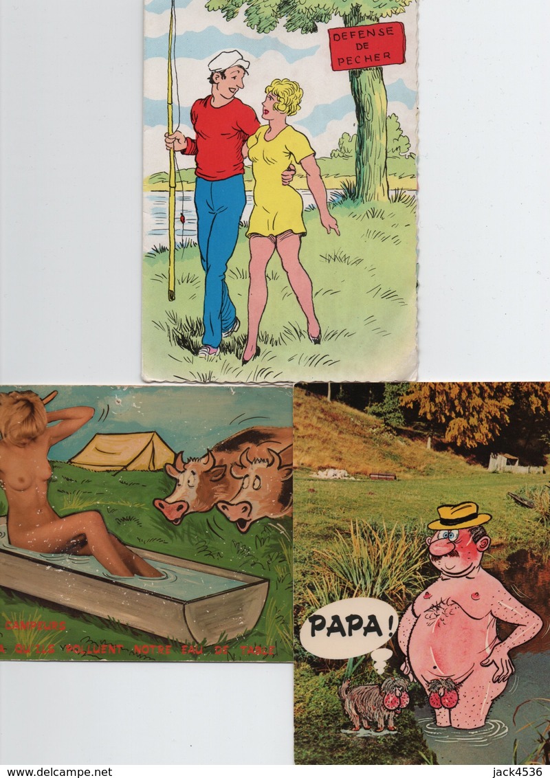 Lot De 3 Cartes Postales Modernes - Peche Carte à Système - 2 Scan. - Humour