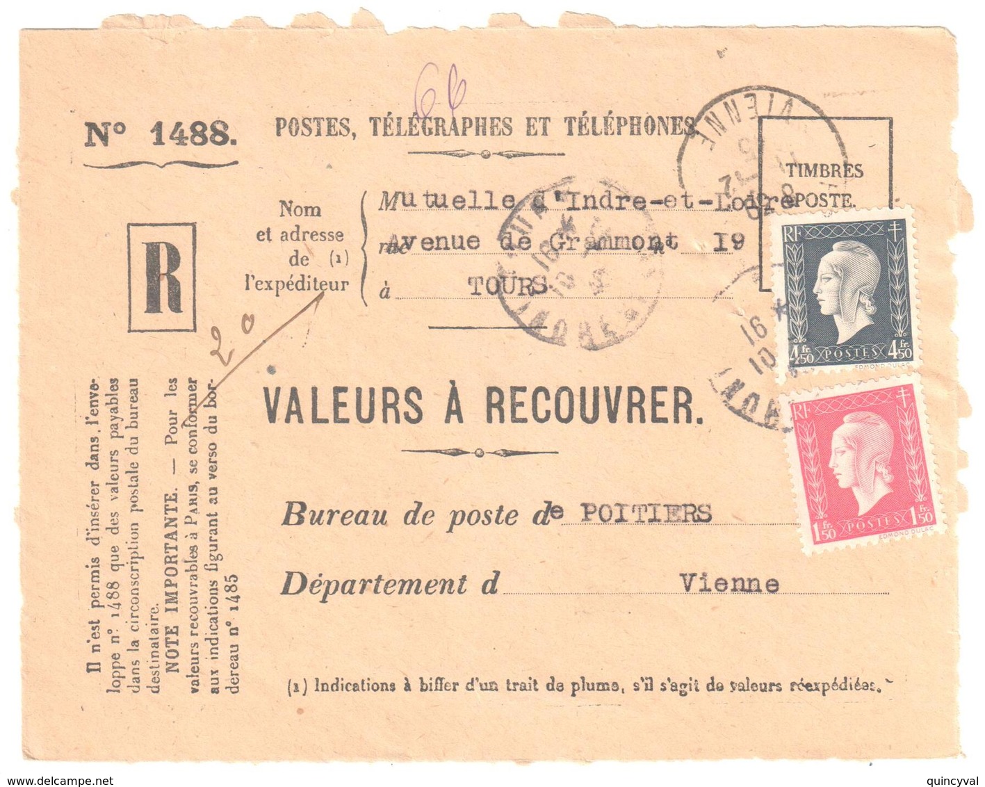TOURS Indre Et Loire Valeur à Recouvrer 1488 Dulac 4,50F Gris 1,50F Rose Yv 691 696 Tf 1/3/45 Recommandé Ob 1941 - Cartas & Documentos