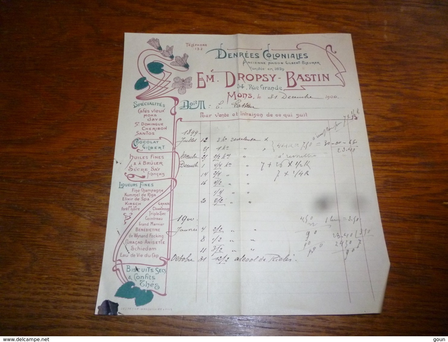 FF5  Document Commercial Facture Em Dropsy Bastin Denrées Coloniales 1900 Café Chocolat Gilbert - 1950 - ...