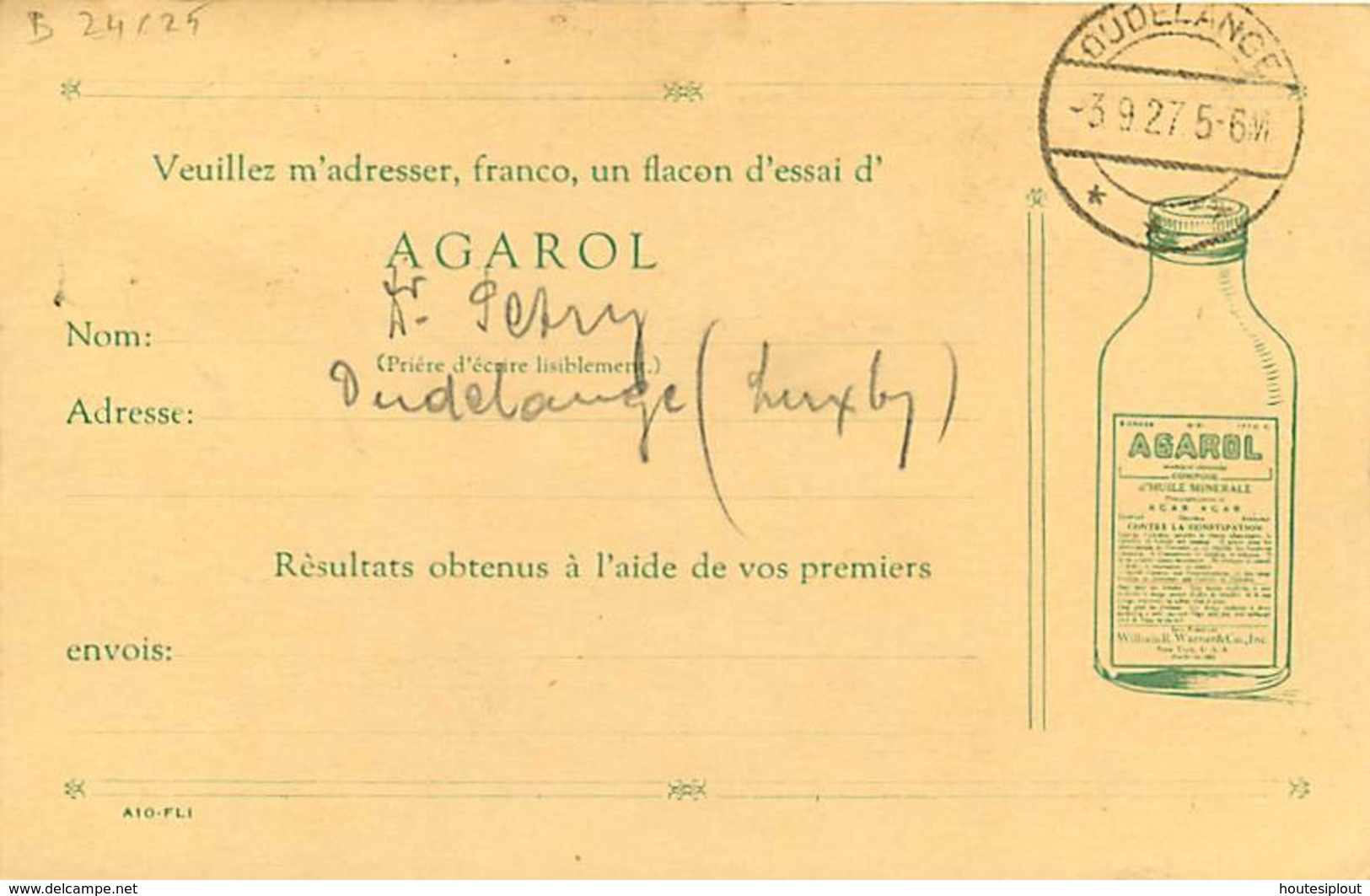 Belgique. CP 79  Houyoux  Repiquage Illustré  Dudelange (G.D. Luxembourg) > Bruxelles 1927 Et Cependant Non Taxée - Cartes Postales 1909-1934