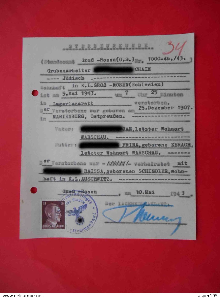 KZ Lager GROSS ROSSEN 1943 Genuine Document. Judaica - Documents Historiques