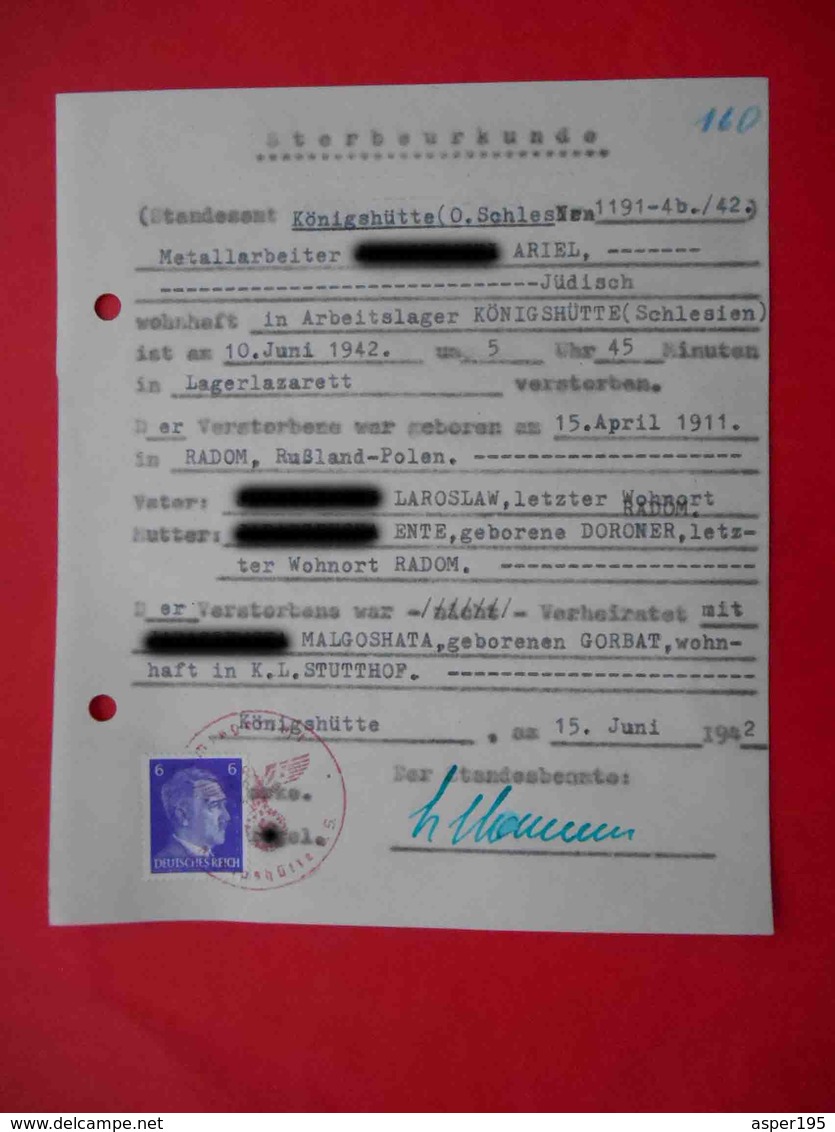 KZ Lager Königshütte Chorzów 1942 Genuine Document. Judaica - Documents Historiques