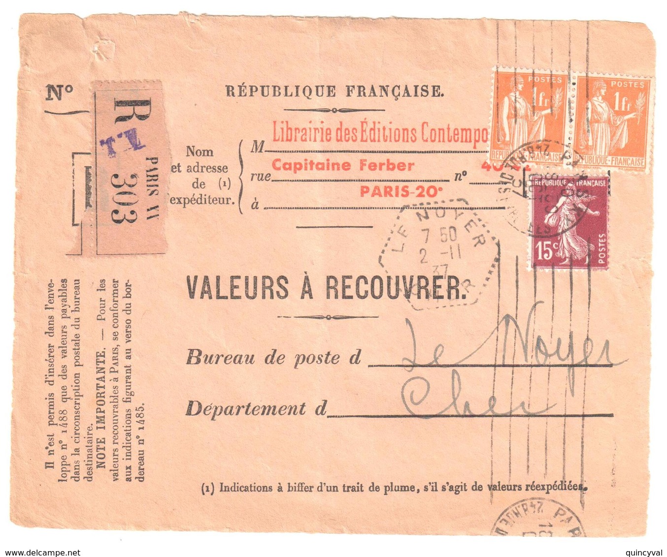 PARIS 117 Valeurs à Recouvrer 1488 Tf 12/7/37 1 F Paix Orange 15c Semeuse Ob Meca RBV Yv 189 286 Le Noyer Cher - Cartas & Documentos