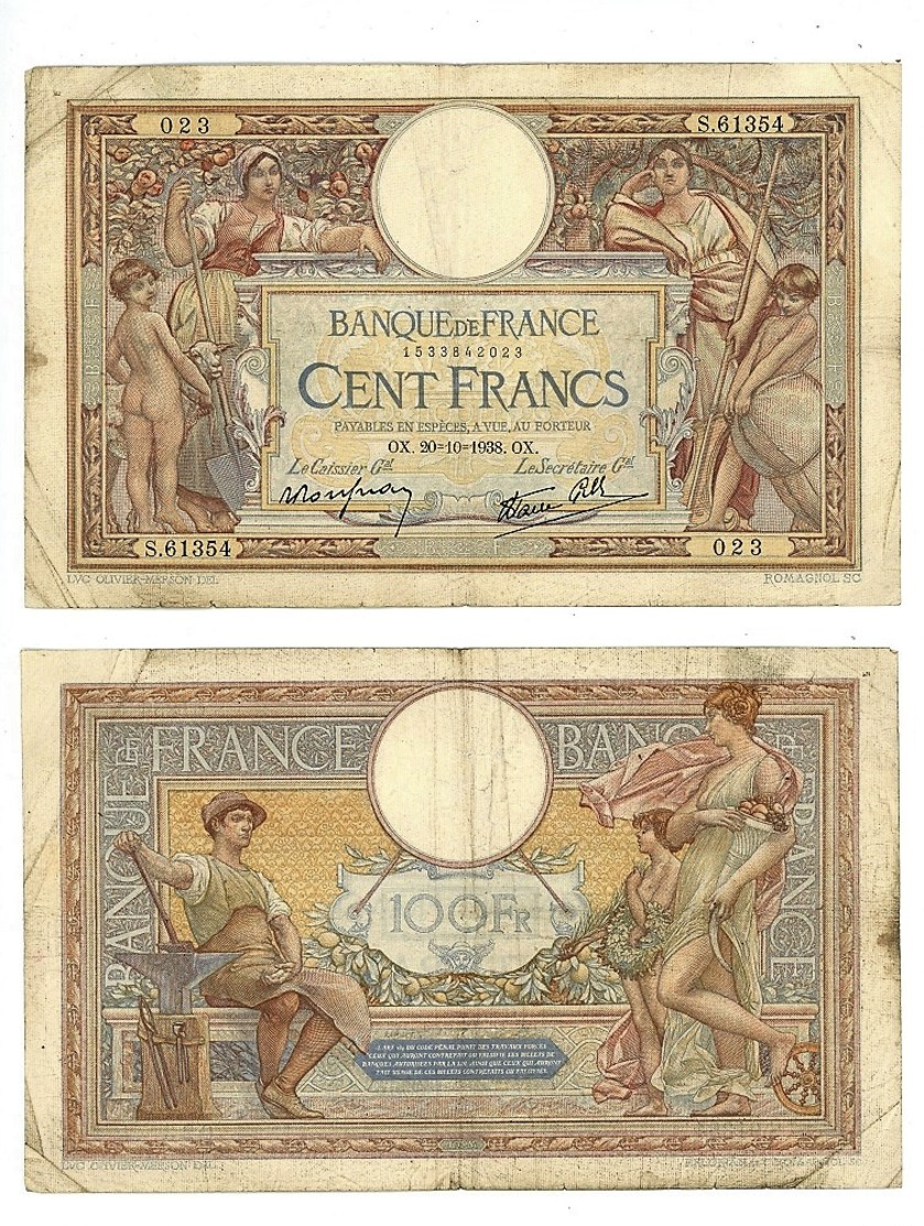 FRANCIA BANQUE DE FRANCE - 100 FRANCHI 1938 B (12/40) - 100 F 1908-1939 ''Luc Olivier Merson''
