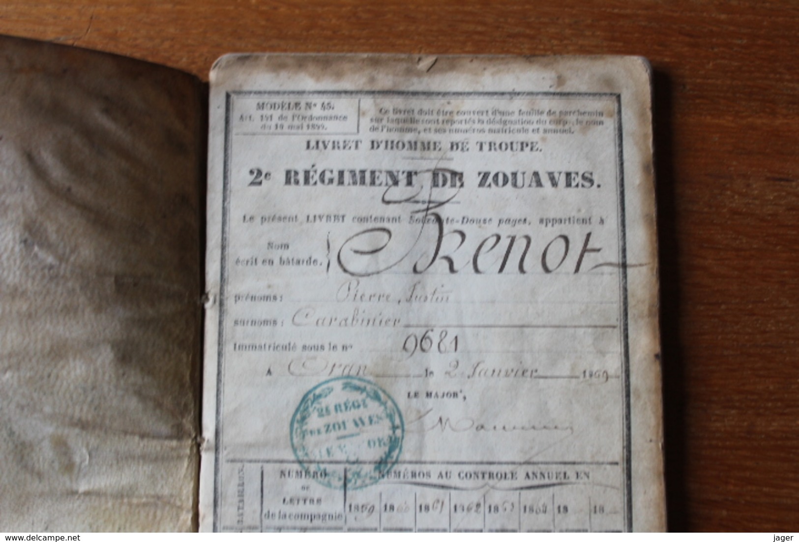 Livret Militaire Second Empire Zouave 1859   Dont Guerre Du Mexique  Couverture Velin - Documents