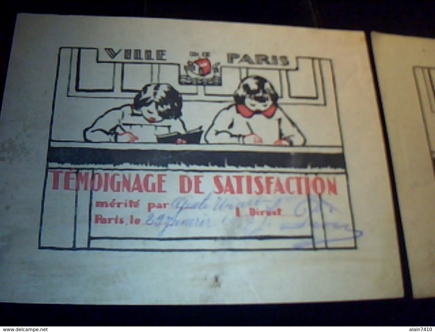 Scolaire Bon Point Ville De Paris  2  Bulletins De Satisfaction Identiques Annee 1937 - Autres & Non Classés