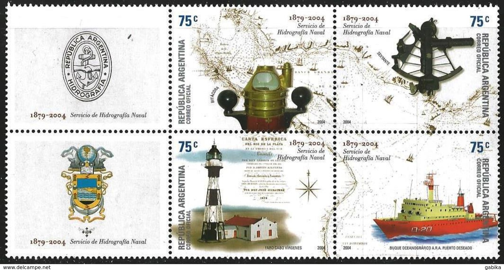 Argentina 2004 Scott 2280 MNH Block Of Four With Label Hydrographic Service, Map, Ship, Lighthouse - Neufs