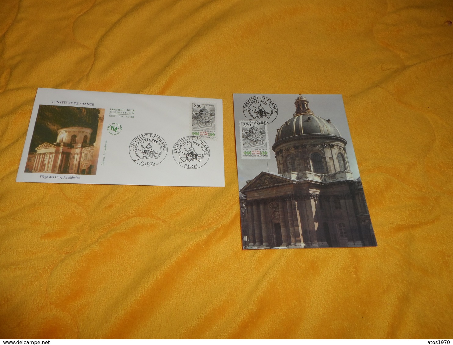 ENVELOPPE FDC + CARTE POSTALE 1ER JOUR DE 1995. / L'INSTITUT DE FRANCE SIEGE DES CINQ ACADEMIES. CACHETS PARIS. + TIMBRE - 1990-1999