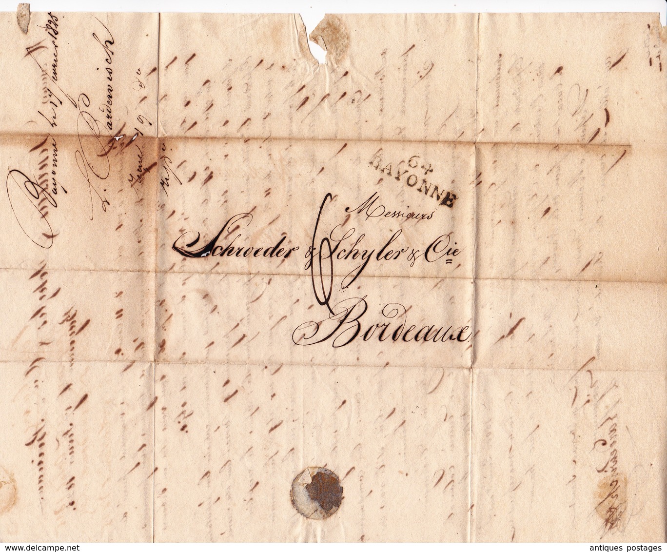 Lettre Bayonne BARDERVISCH 1825 SCHRÖDER & SCHŸLER Bordeaux Gironde Cacao Sucre De La Havane - 1801-1848: Precursori XIX