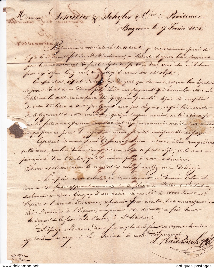 Lettre Bayonne BARDERVISCH 1825 SCHRÖDER & SCHŸLER Bordeaux Gironde Cacao Sucre De La Havane - 1801-1848: Précurseurs XIX