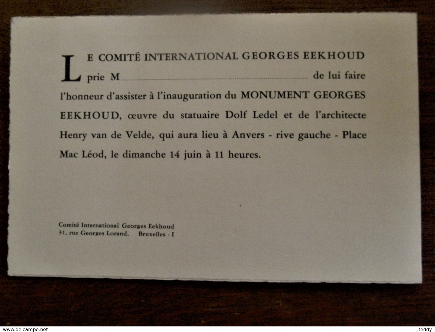 Kaart Van Het Internationaal  Comité  GEORGES  EEKHOUD    Antwerpen - Autres & Non Classés