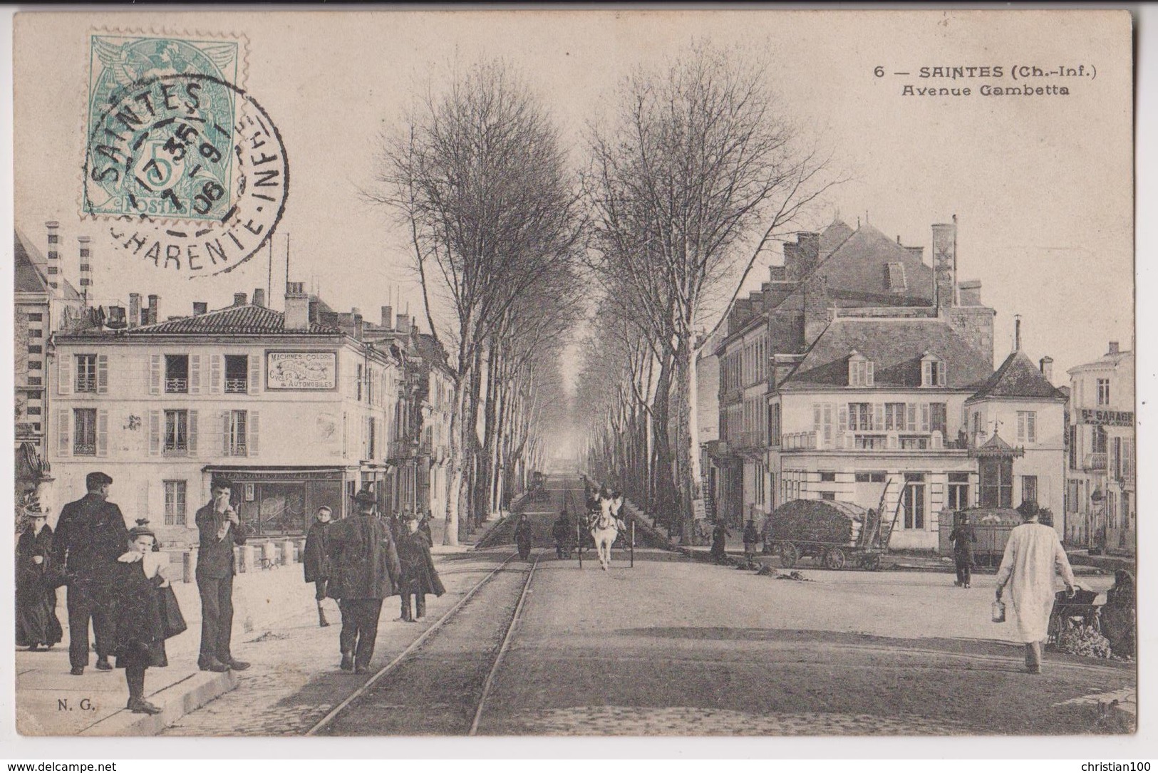 SAINTES (17) : AVENUE GAMBETTA - RAILS TRAM - MAGASIN DE MACHINES A COUDRE & CYCLES CAZAUGADE - ECRITE 1906 - 2 SCANS - - Saintes