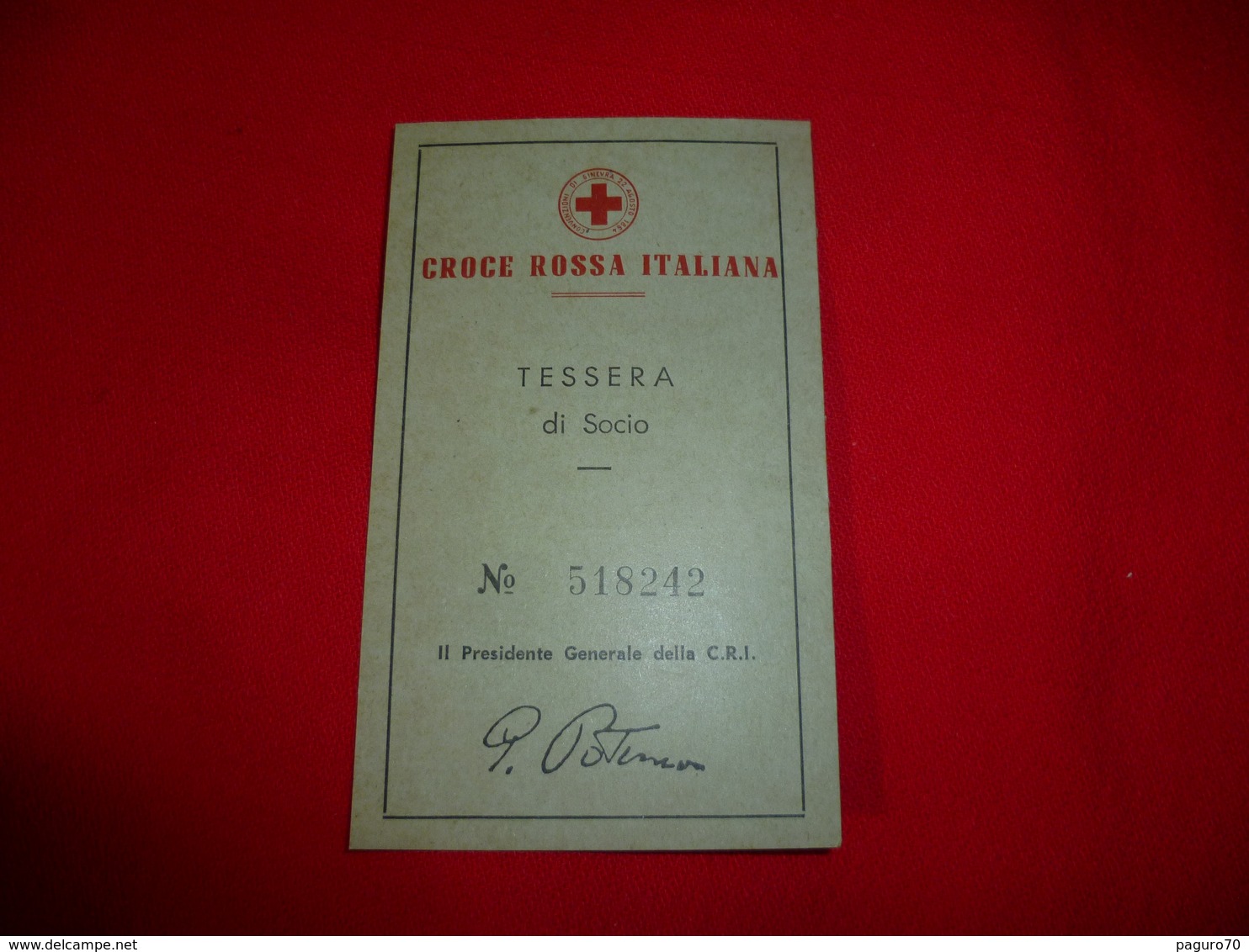 Tessera Socio Croce Rossa Italiana C.R.I. 1967-68 - Red Cross