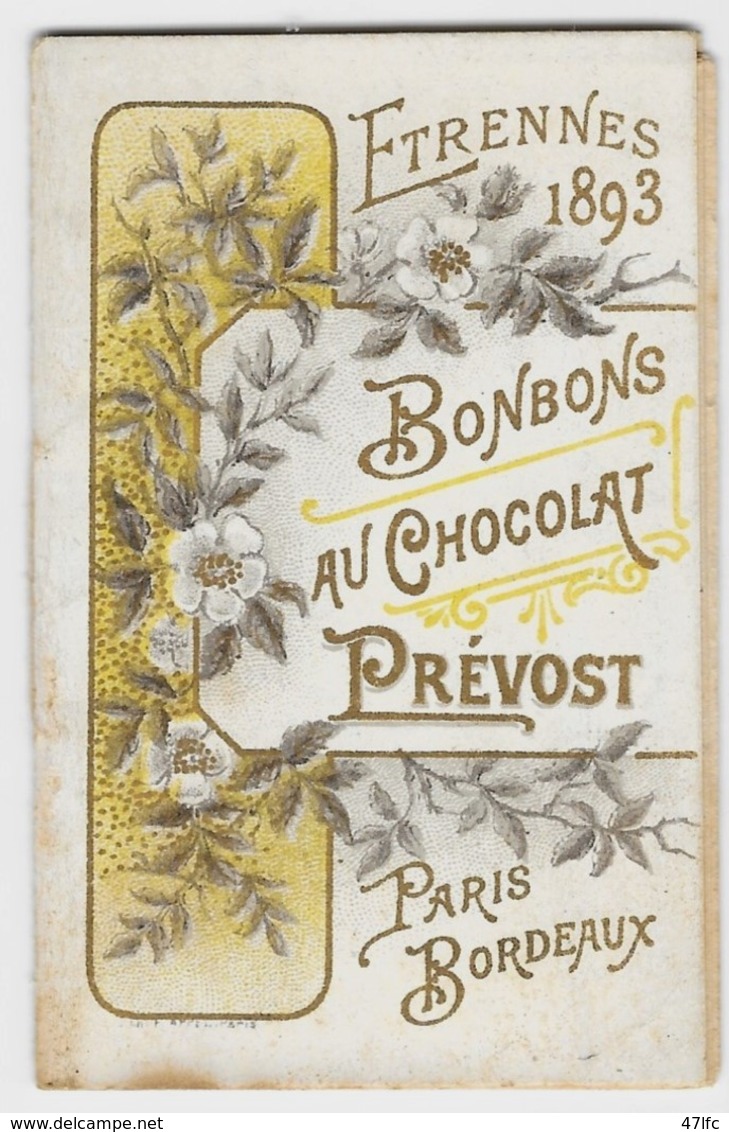 Petit Calendrier Publicitaire "Bonbons Au Chocolat PREVOST Paris/Bordeaux" - Année 1893 - 8,3 X 5,4 Cm - TBE - Chocolat