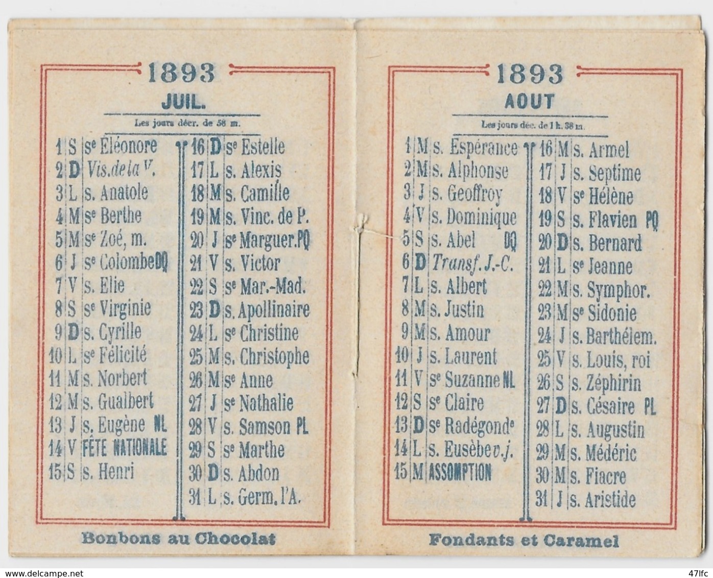 Petit Calendrier Publicitaire "Bonbons Au Chocolat PREVOST Paris/Bordeaux" - Année 1893 - 8,3 X 5,4 Cm - TBE - Chocolat