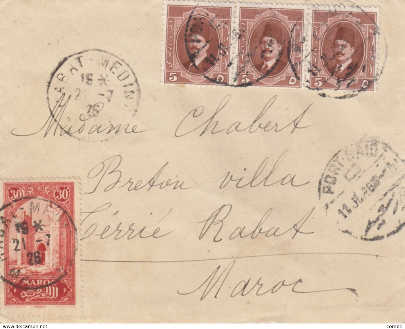 LETTRE. COVER. 1926. MIXT MAROCCO EGYPT. RABAT PORT-SAID.  BY BRITISH POST OFFICE TANGIER  AND CASABLANCA+ PORT-SAID/  2 - Sonstige & Ohne Zuordnung