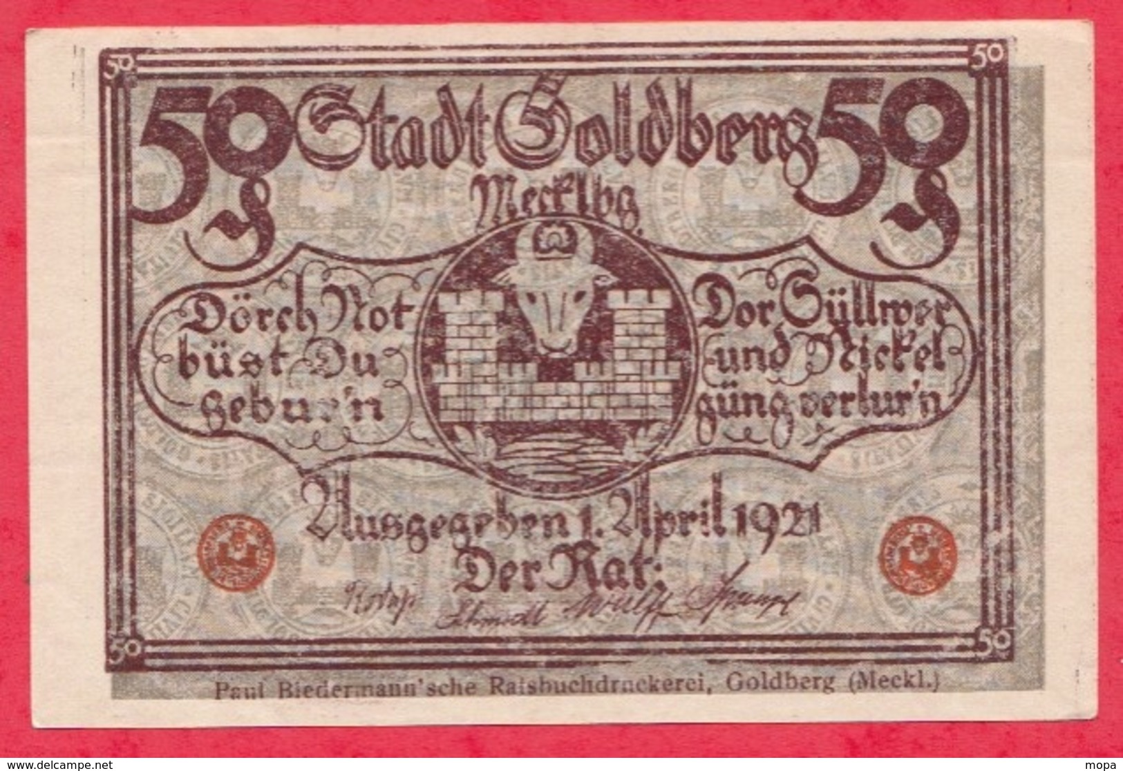 Allemagne 1 Notgeld De 50 Pfenning Stadt Goldberg (RARE) Dans L 'état  N °2821 - Collections