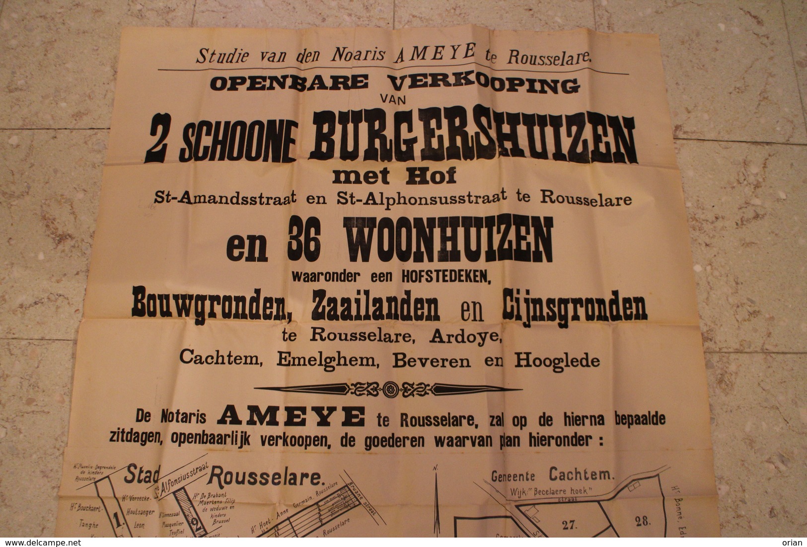 Affiche 1910 - Mega Openbare Verkoop Te Roeselare + Ardooie Kachtem Emelgem Beveren Hooglede + Gehuchten / Notaris Ameye - Affiches