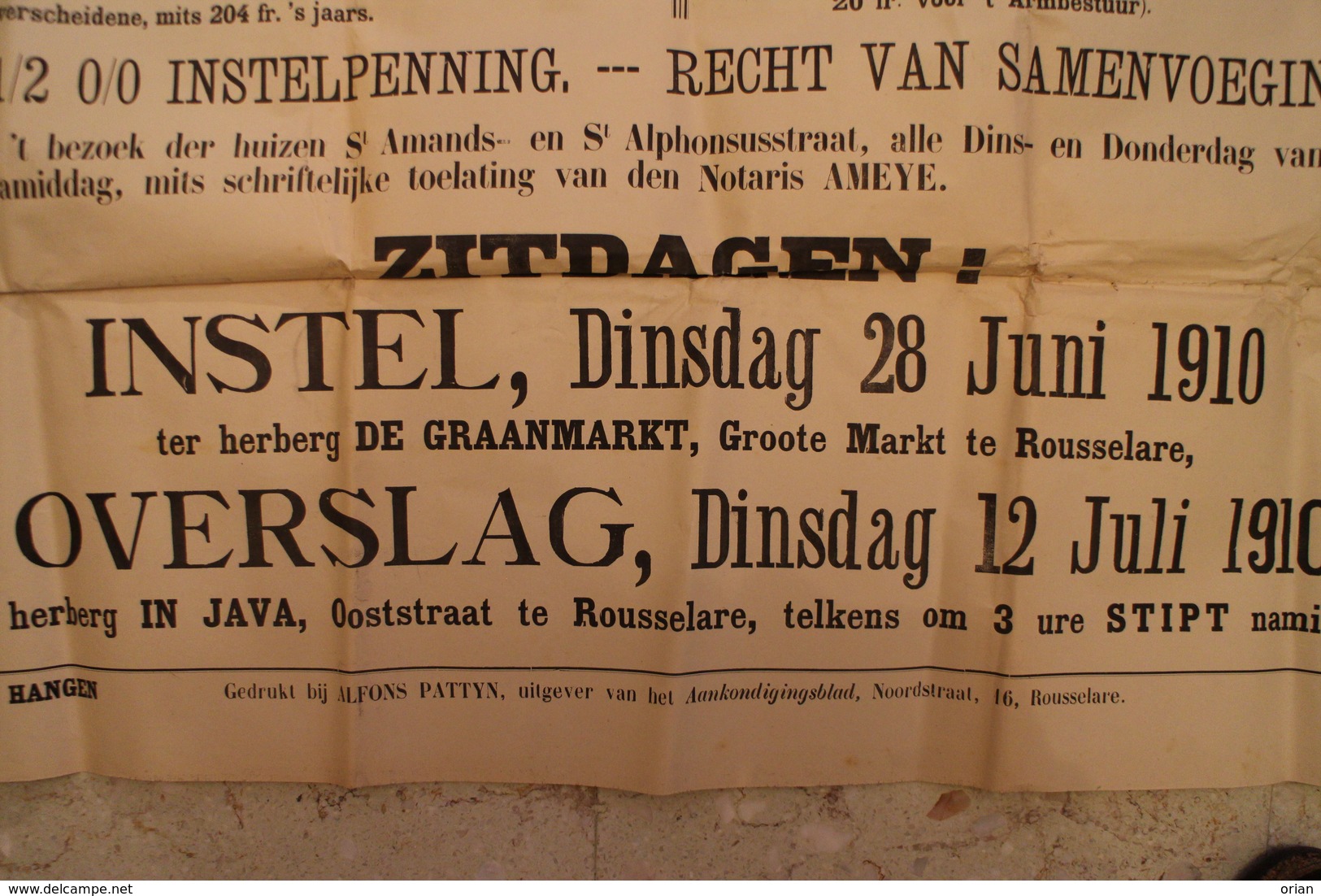 Affiche 1910 - Mega Openbare Verkoop te Roeselare + Ardooie Kachtem Emelgem Beveren Hooglede + Gehuchten / Notaris Ameye